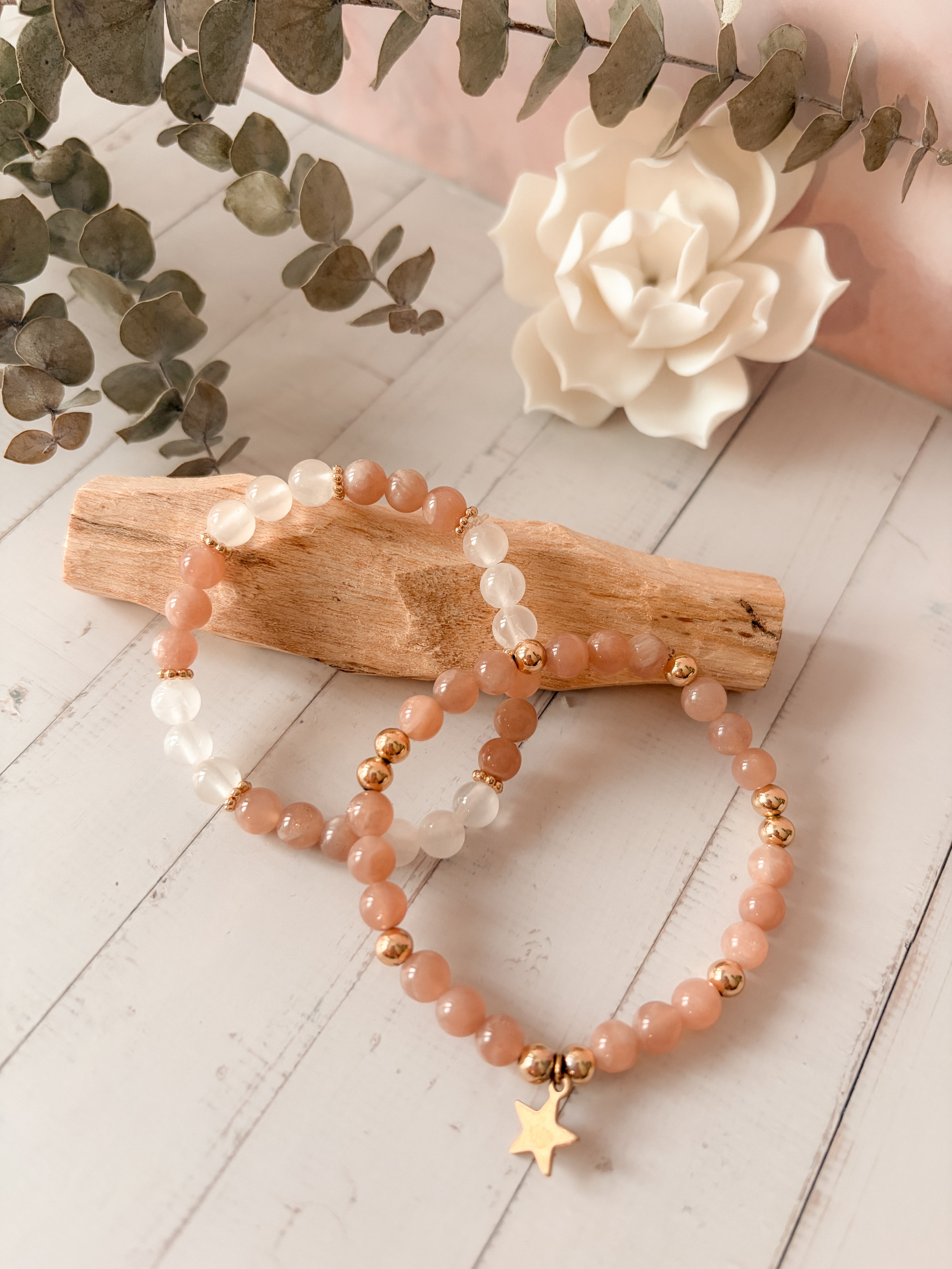 Herzenslicht - Pfirsich-Mondstein & Selenit Armband Set