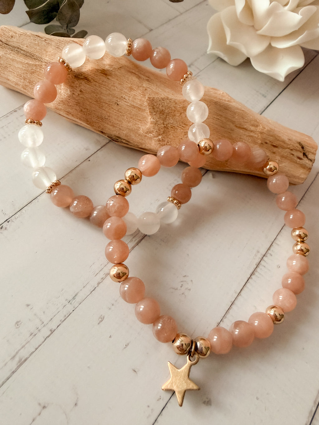 Herzenslicht - Pfirsich-Mondstein & Selenit Armband Set