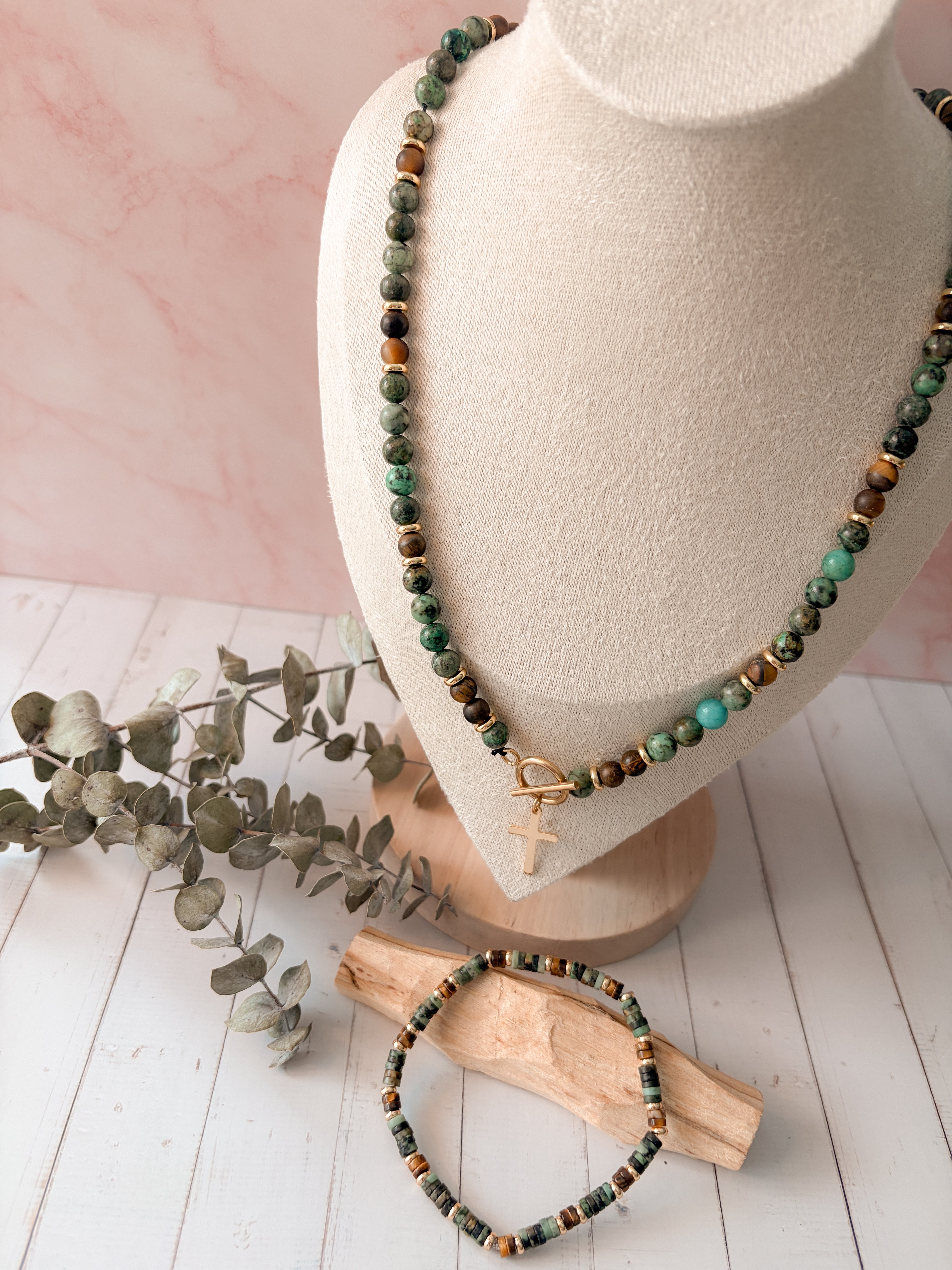 Afrikanischer Türkis & Tigerauge – Set aus Halskette und Armband