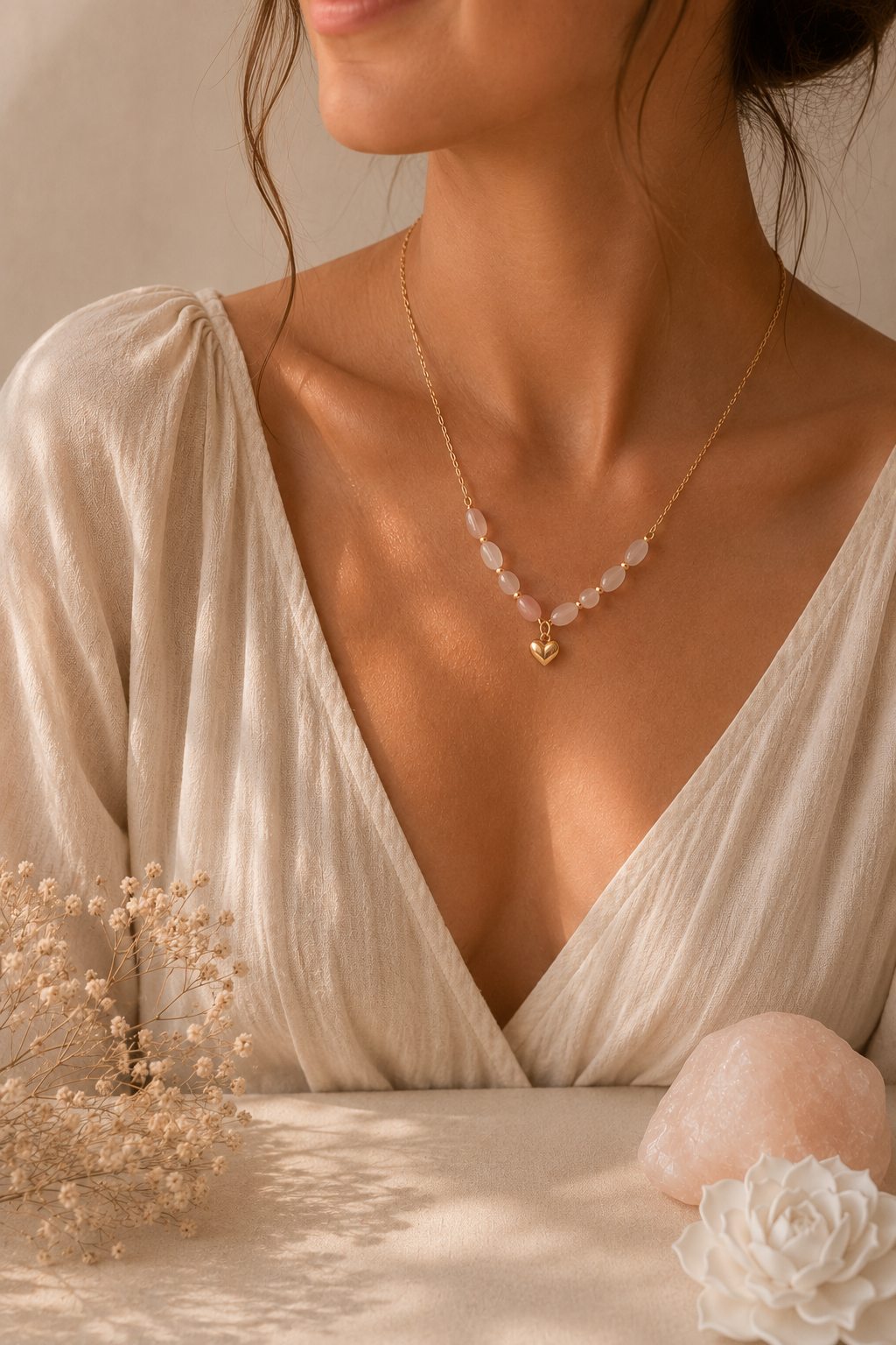 Herzenswärme - Rosenquarz Kette mit Herz-Charm